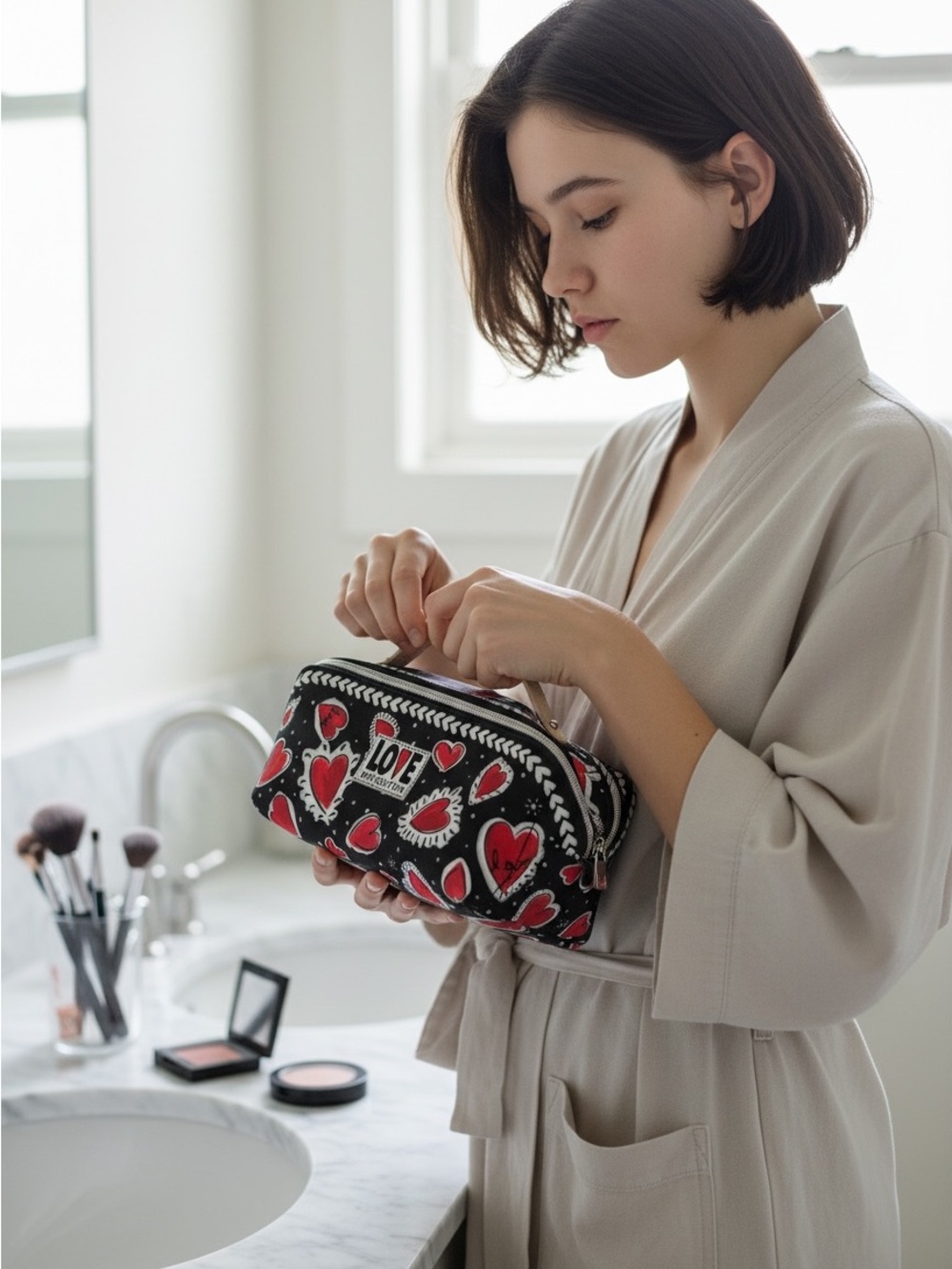 Brighton A Flutter Cosmetics Bag in black canvas with red hearts